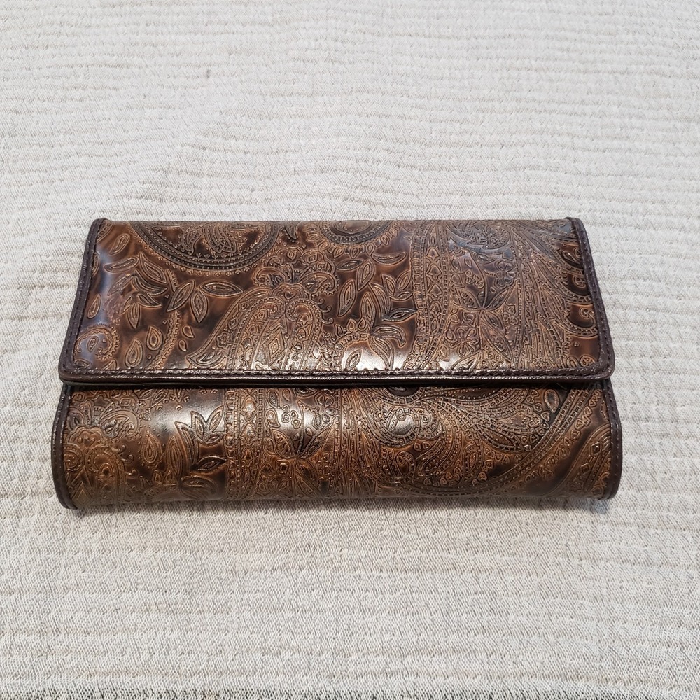 Relic Faux Leather Tooled Trifold Checkbook Wallet  Clutch Western Boho Brown